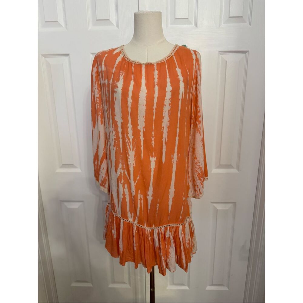 Z&L Europe Womens Orange Tie‎ Dye 3/4 Sleeve Tassel Trim Tunic Dress Size Small